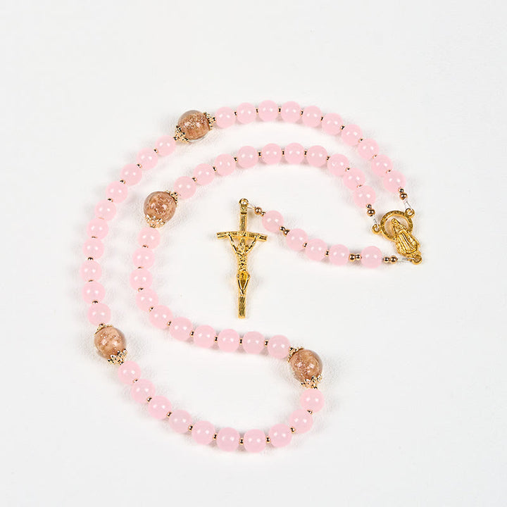 Christianartworkshop PRAYERFUL FAITH: Handmade Pink Chalcedony & Porcelain Golden Sand Beads Rosary - image 11