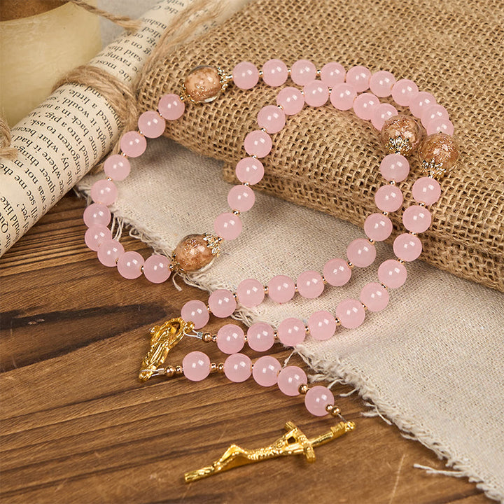 Christianartworkshop PRAYERFUL FAITH: Handmade Pink Chalcedony & Porcelain Golden Sand Beads Rosary - image 6