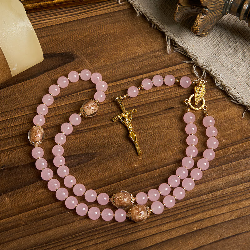 Christianartworkshop PRAYERFUL FAITH: Handmade Pink Chalcedony & Porcelain Golden Sand Beads Rosary - image 12