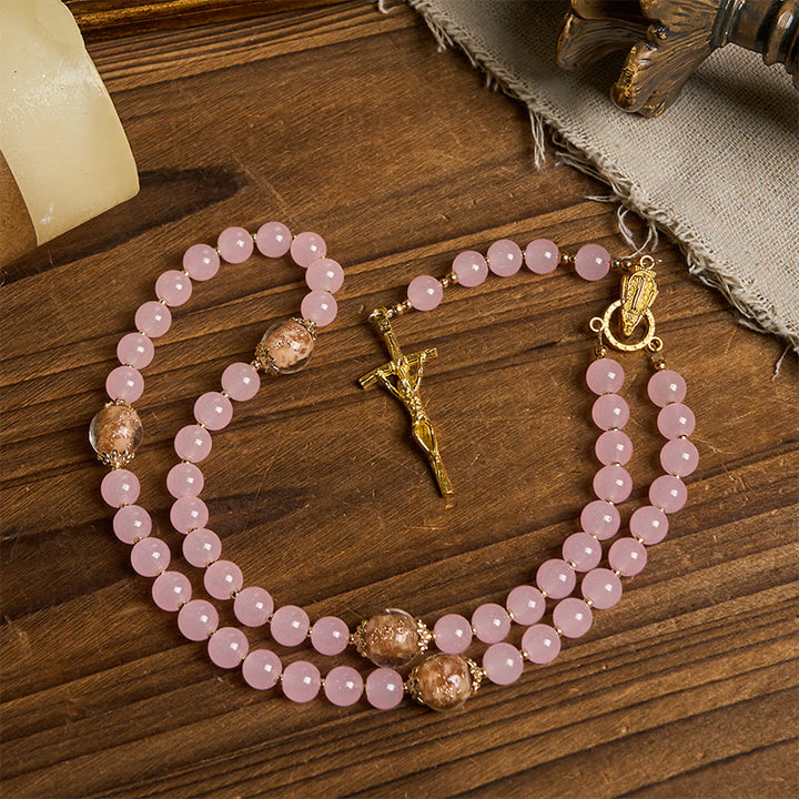Christianartworkshop PRAYERFUL FAITH: Handmade Pink Chalcedony & Porcelain Golden Sand Beads Rosary - image 12