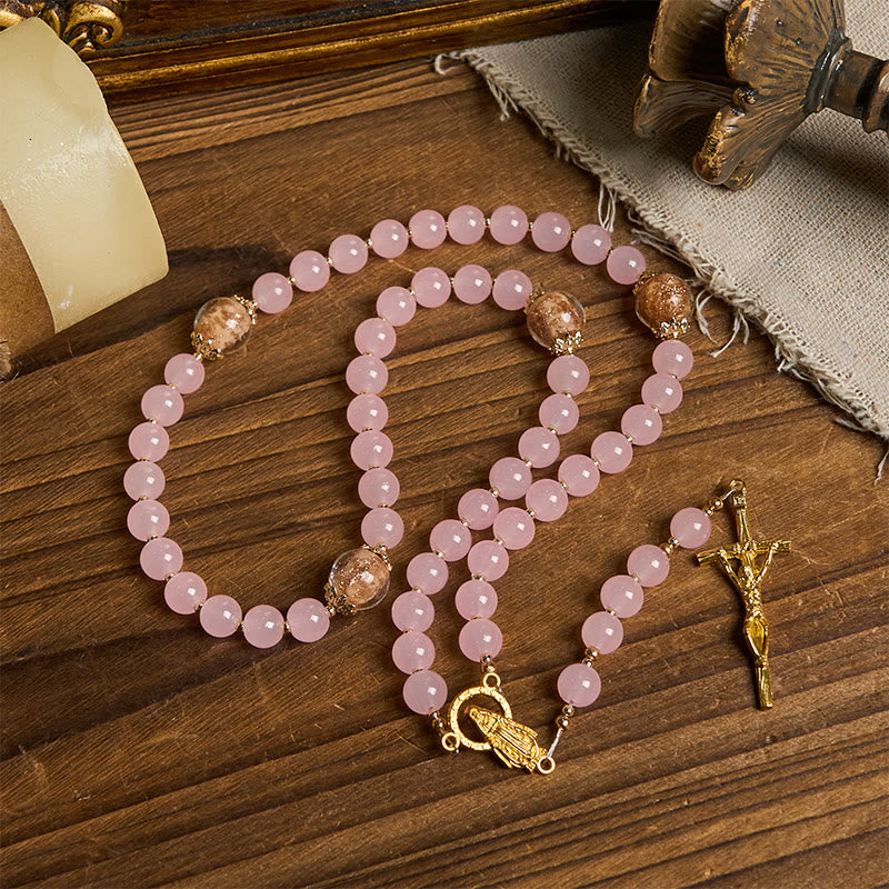 Christianartworkshop PRAYERFUL FAITH: Handmade Pink Chalcedony & Porcelain Golden Sand Beads Rosary - image 5