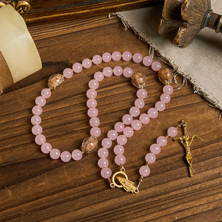 Christianartworkshop PRAYERFUL FAITH: Handmade Pink Chalcedony & Porcelain Golden Sand Beads Rosary - image 5