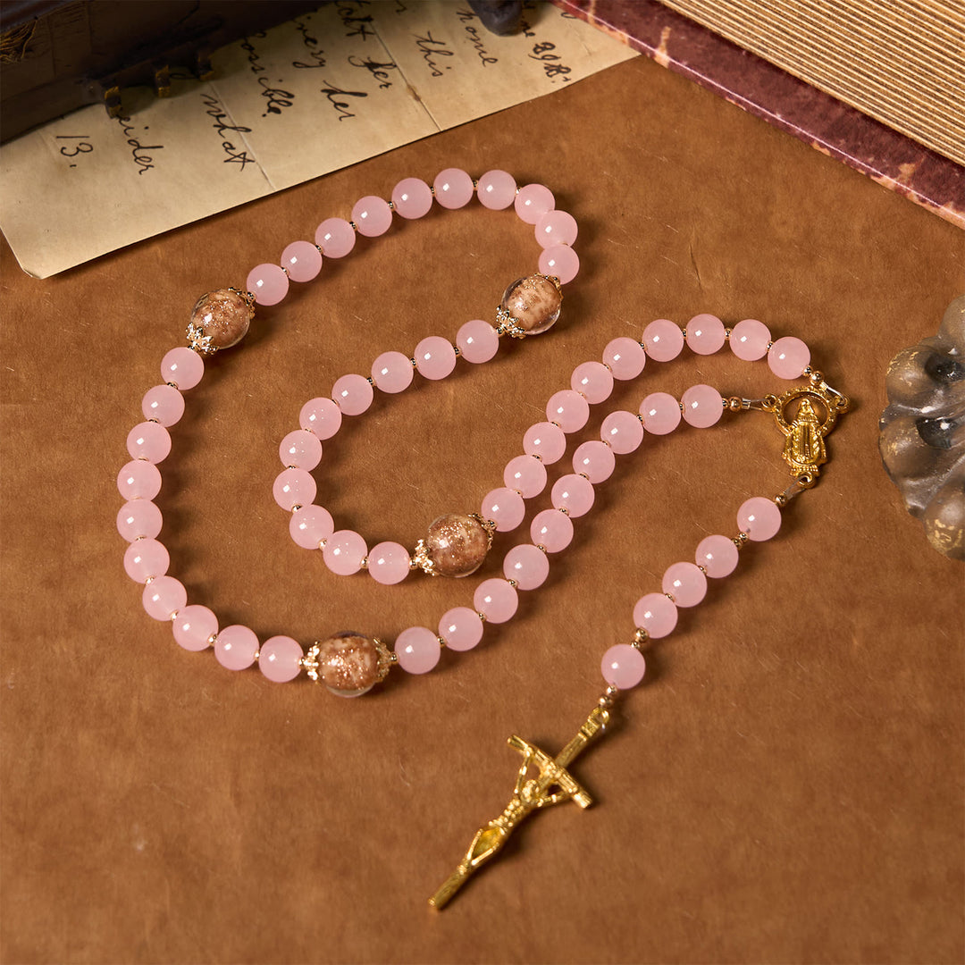 Christianartworkshop PRAYERFUL FAITH: Handmade Pink Chalcedony & Porcelain Golden Sand Beads Rosary - image 3