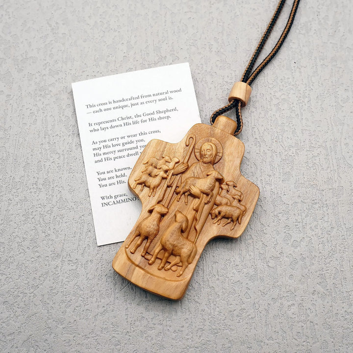 Christianartworkshop Handmade Good Shepherd Jesus With Wood Cross Necklace: A Symbol of Faith and Craftsmanship - Olive Wood - image 0
