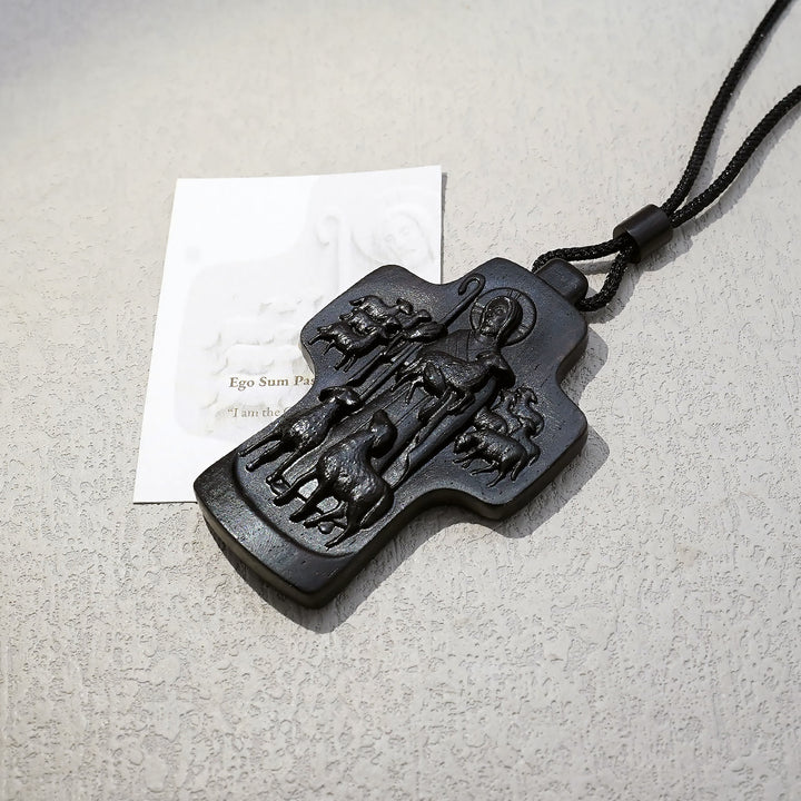 Christianartworkshop Handmade Good Shepherd Jesus With Wood Cross Necklace: A Symbol of Faith and Craftsmanship - Ebony - image 6