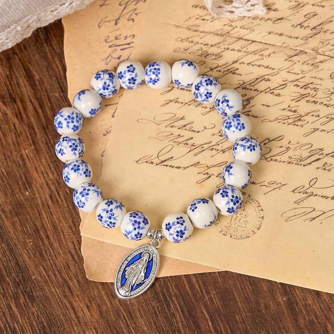 Christianartworkshop Blue & White Beaded Floral Bracelet with Miraculous Medal - image 3