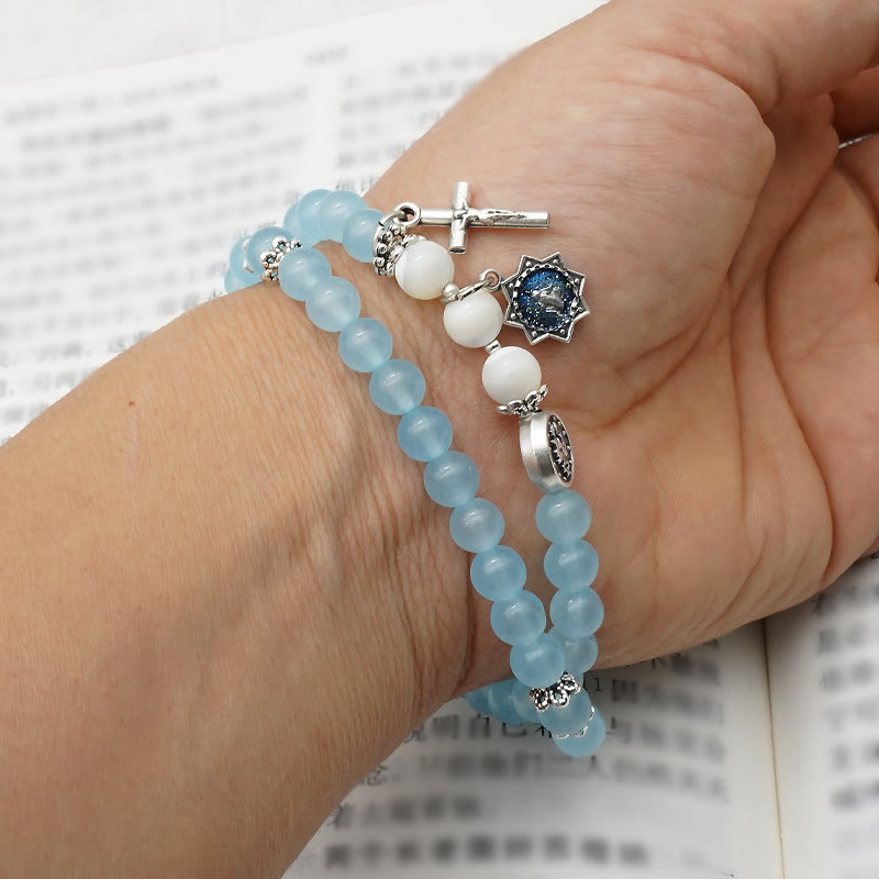 Christianartworkshop 6mm Light Blue Bead Miraculous Medal & Crucifix Minimalist Bracelet: A Symbol of Faith - image 2