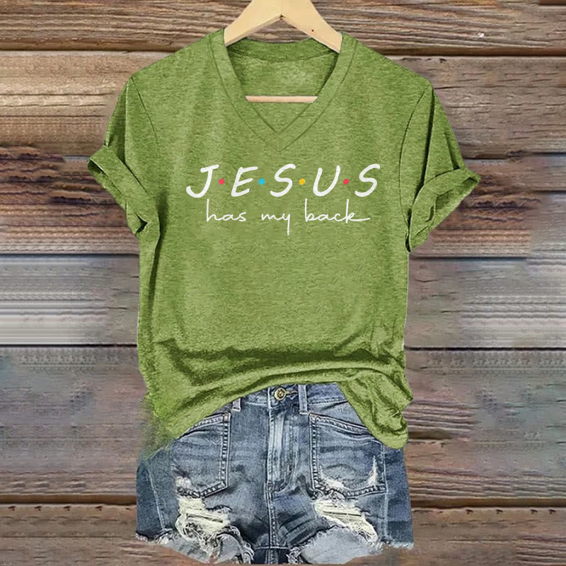 Christianartworkshop Women's Jesus Has My Back Print V-Neck T-shirt - Green - 4XL - image 7