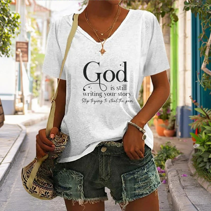 Christianartworkshop Women's God Is Still Writing Your Story Print V-Neck T-shirt - image 1