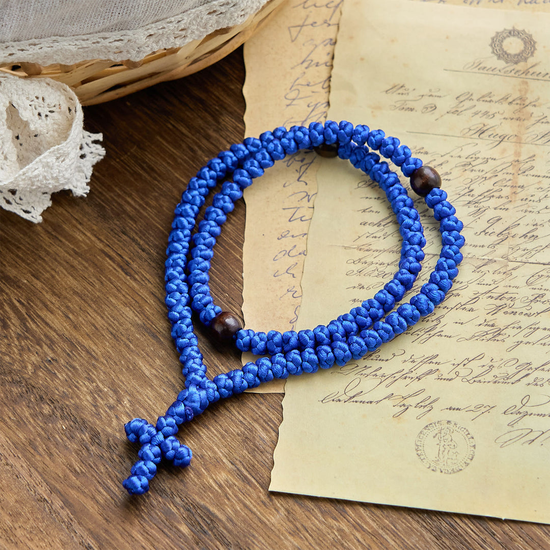 Christianartworkshop Blue & Black Cross 100 Blessing Knots String Necklace: Cherished Symbol of Holy Blessing - image 1