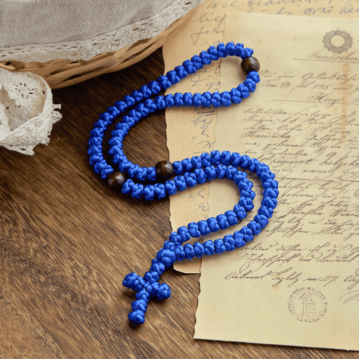 Christianartworkshop Blue & Black Cross 100 Blessing Knots String Necklace: Cherished Symbol of Holy Blessing - Blue - image 0