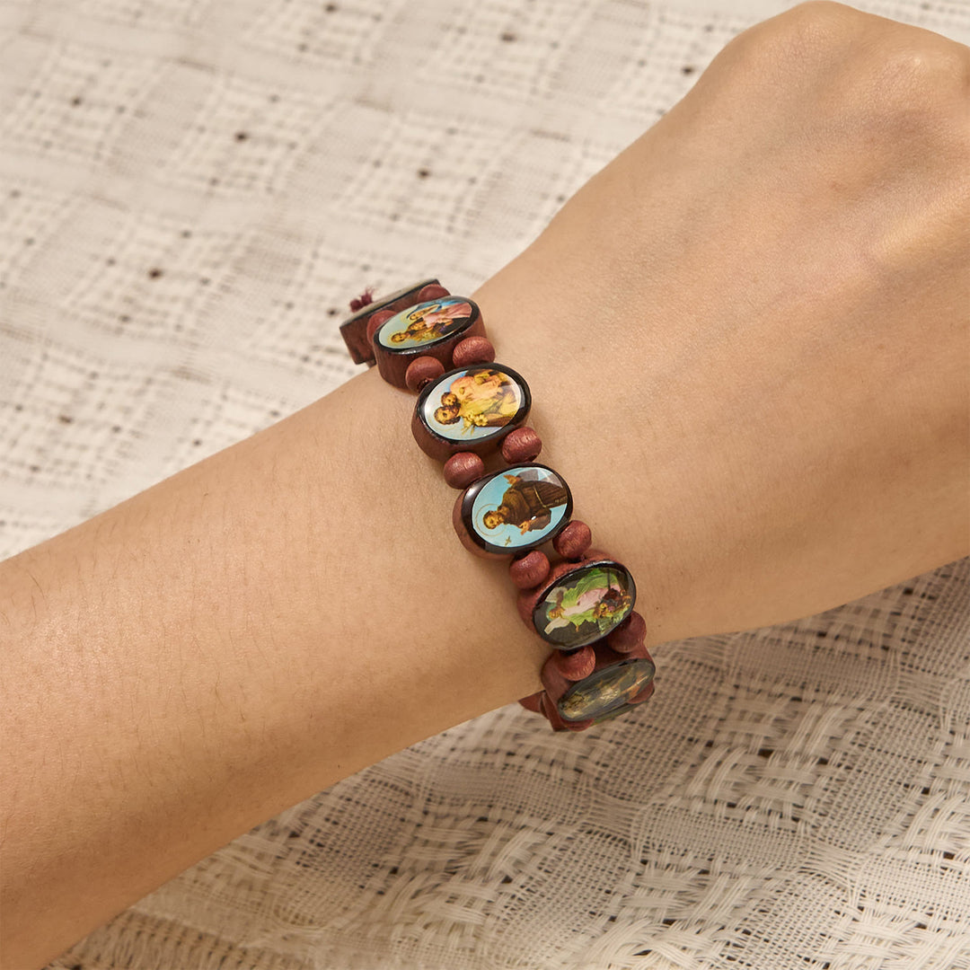 Christianartworkshop Classic Wooden Bead Stretch Bracelet with Mary, Jesus & Saints Icons - image 3