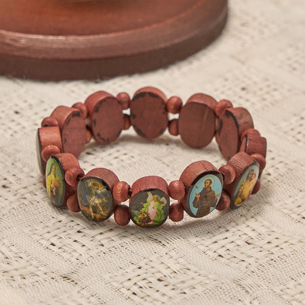 Christianartworkshop Classic Wooden Bead Stretch Bracelet with Mary, Jesus & Saints Icons - image 2