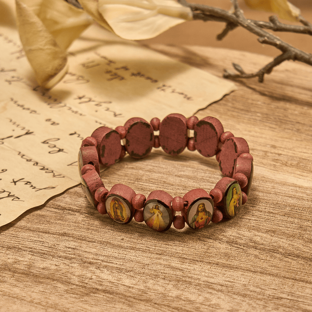 Christianartworkshop Classic Wooden Bead Stretch Bracelet with Mary, Jesus & Saints Icons - image 6