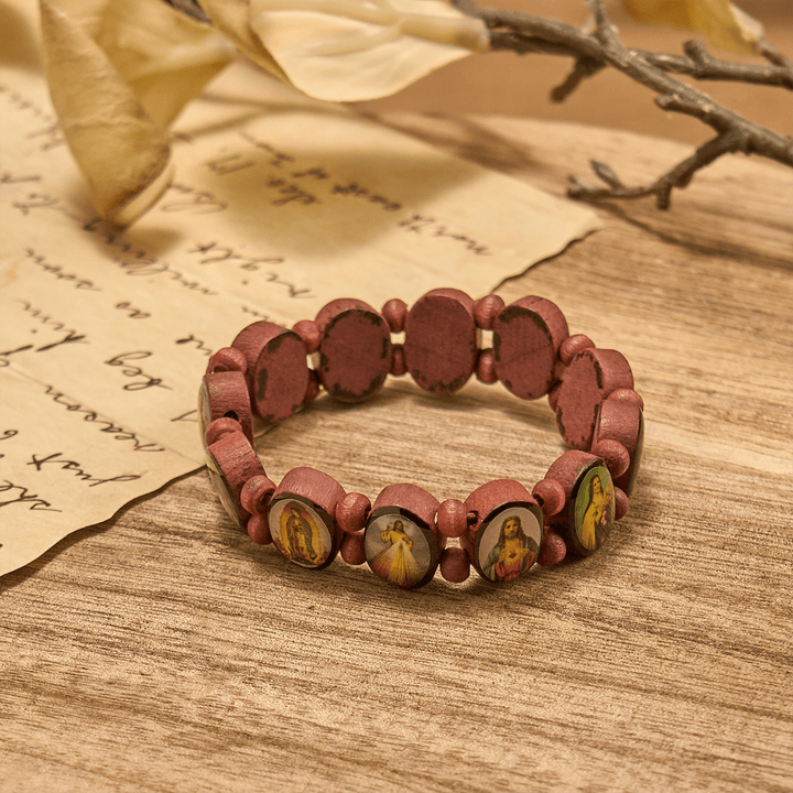 Christianartworkshop Classic Wooden Bead Stretch Bracelet with Mary, Jesus & Saints Icons - image 6