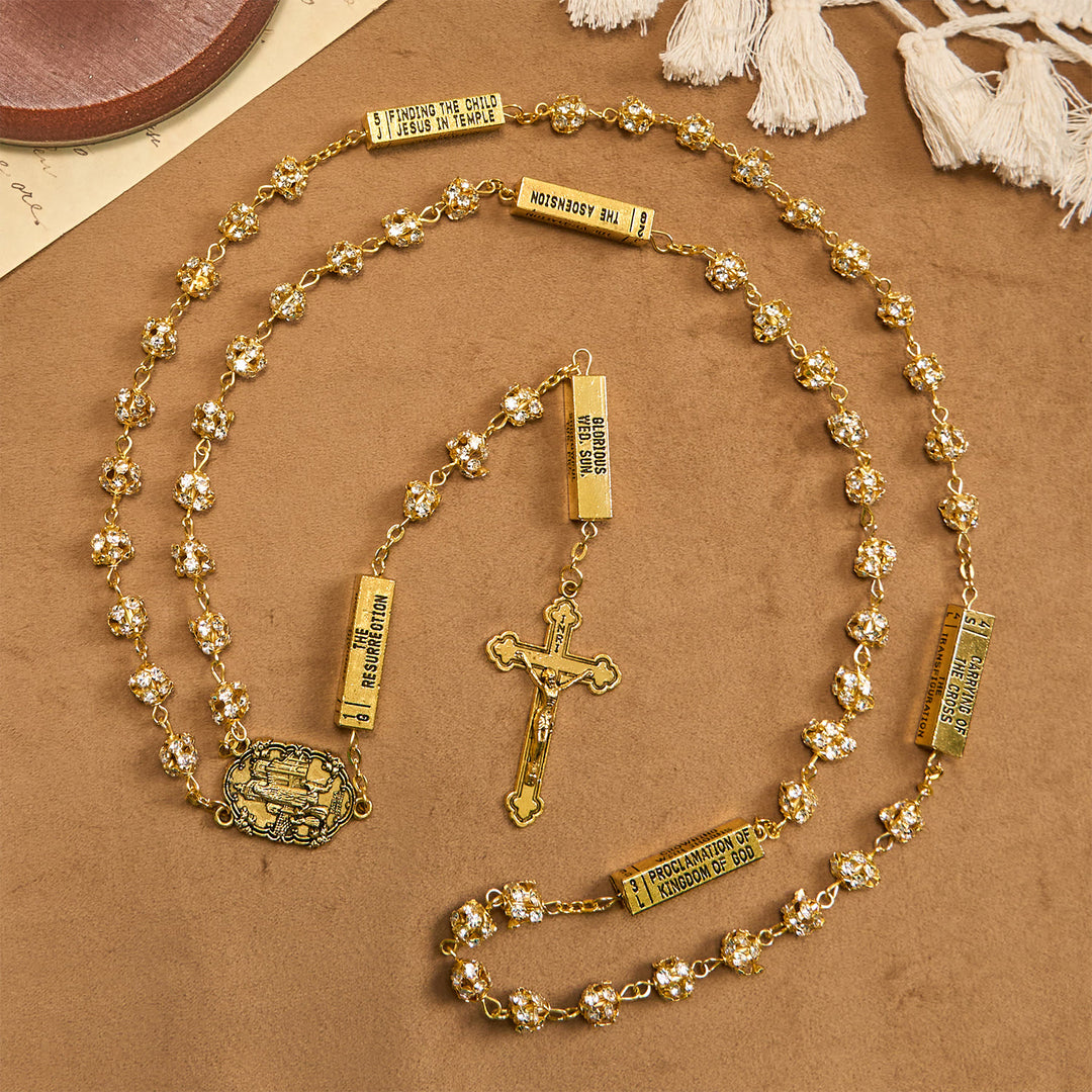 Christianartworkshop Our Lady of Fátima & Crucifix of 8 mm Round Golden Metal Gems Alloy Chain Rosary - image 6