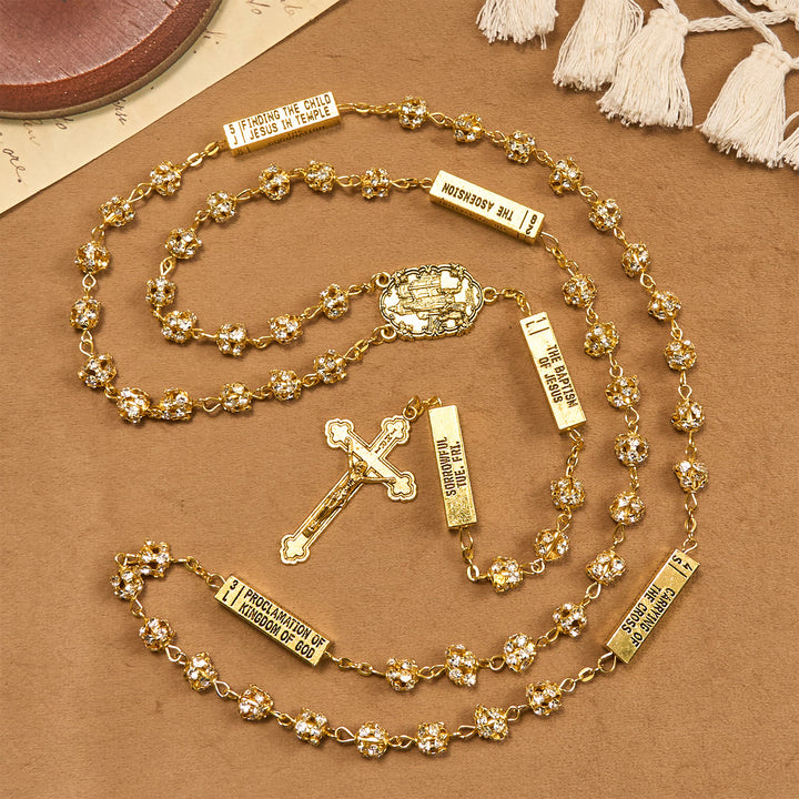 Christianartworkshop Our Lady of Fátima & Crucifix of 8 mm Round Golden Metal Gems Alloy Chain Rosary - image 2