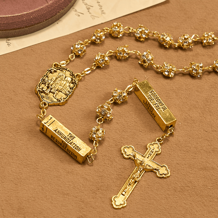 Christianartworkshop Our Lady of Fátima & Crucifix of 8 mm Round Golden Metal Gems Alloy Chain Rosary - image 3