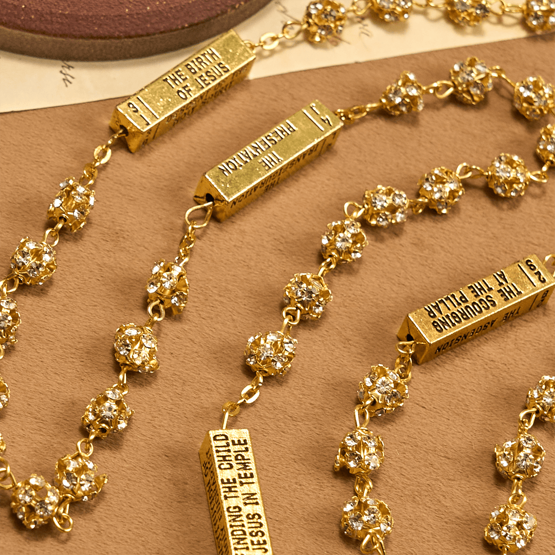 Christianartworkshop Our Lady of Fátima & Crucifix of 8 mm Round Golden Metal Gems Alloy Chain Rosary - image 4