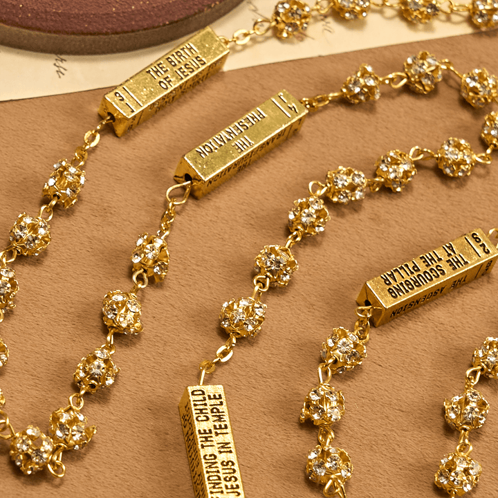 Christianartworkshop Our Lady of Fátima & Crucifix of 8 mm Round Golden Metal Gems Alloy Chain Rosary - image 4