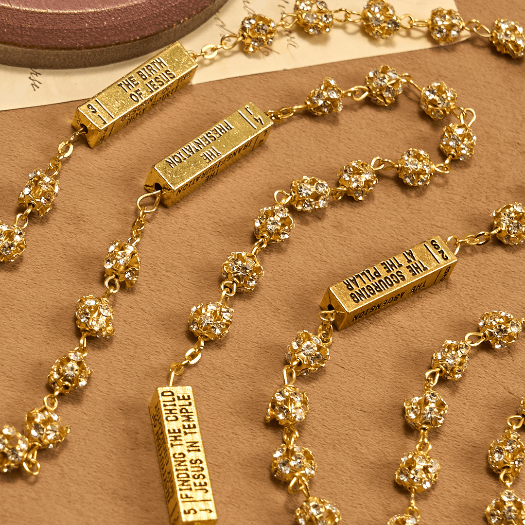 Christianartworkshop Our Lady of Fátima & Crucifix of 8 mm Round Golden Metal Gems Alloy Chain Rosary - image 7