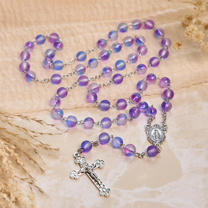 Christianartworkshop Frosted Blue and Purple Glass Beads Rosary Adorned with Miraculous Medal: Devotion in Textured Form - Blue & Purple - image 1