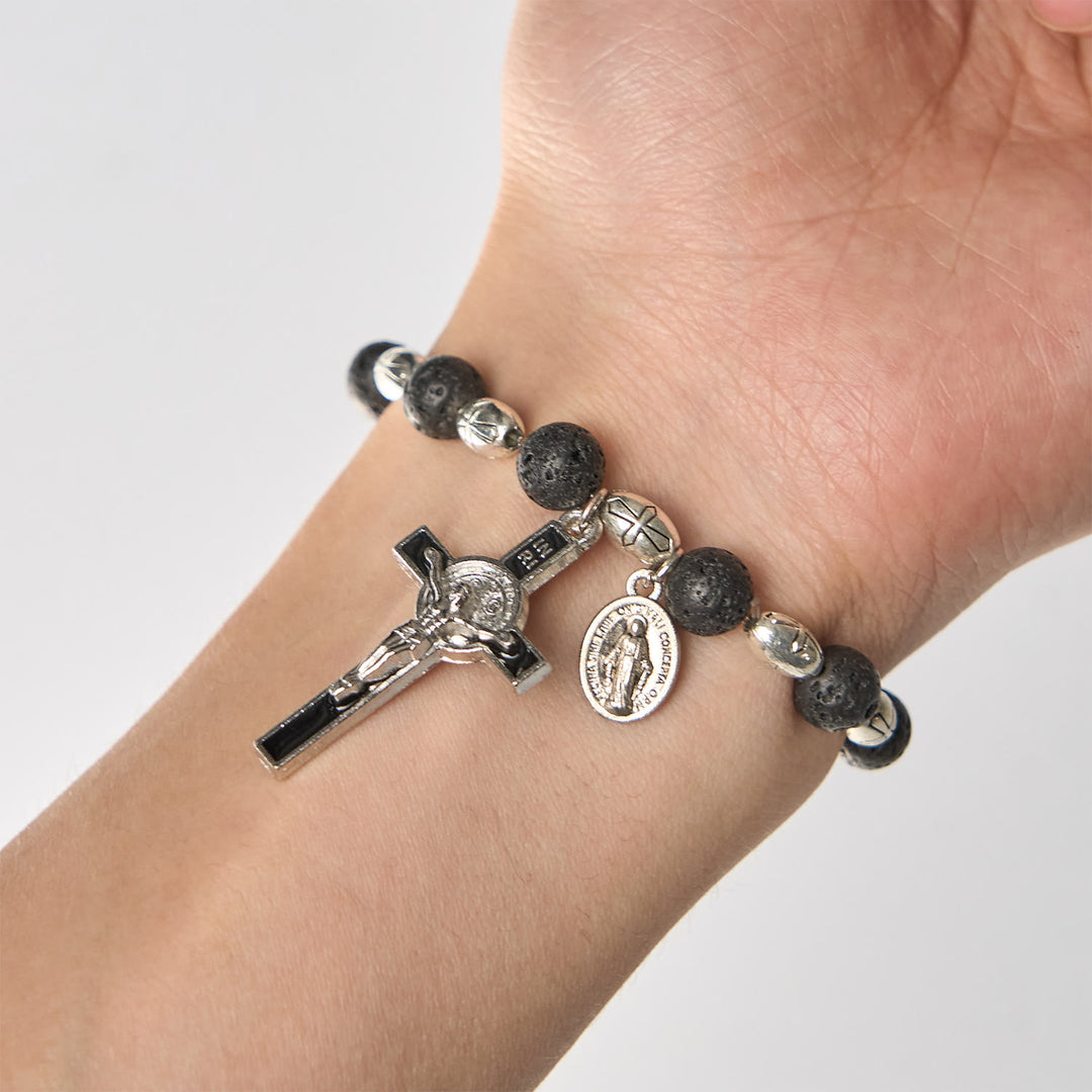 Christianartworkshop Natural Black Agate Bracelet with St. Benedict Medal and Virgin Mary Pendant: Divine Faith Artistry - image 4