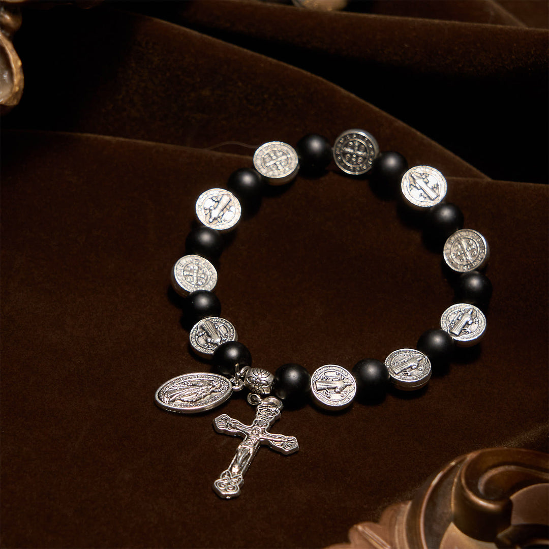 Christianartworkshop Natural Black Agate Bracelet with St. Benedict Medal and Virgin Mary Pendant: Divine Faith Artistry - image 3