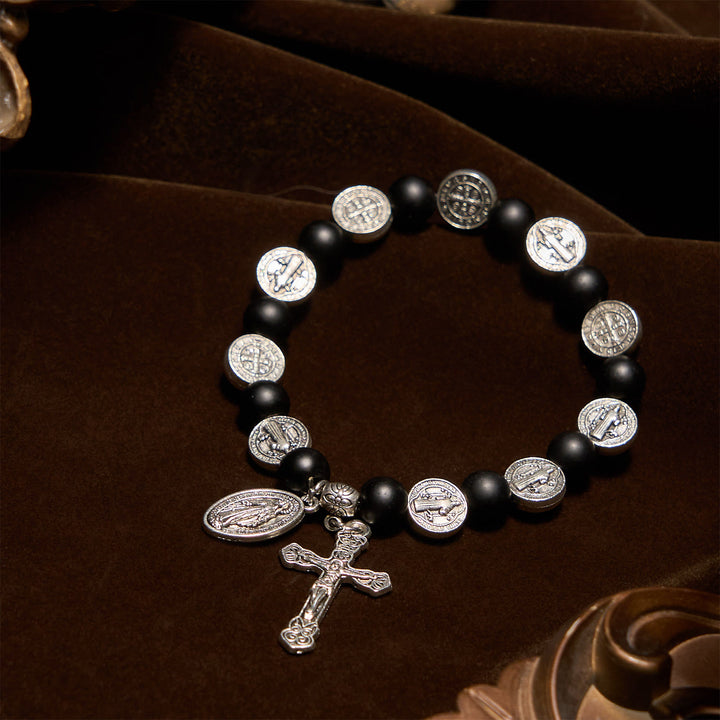 Christianartworkshop Natural Black Agate Bracelet with St. Benedict Medal and Virgin Mary Pendant: Divine Faith Artistry - image 3