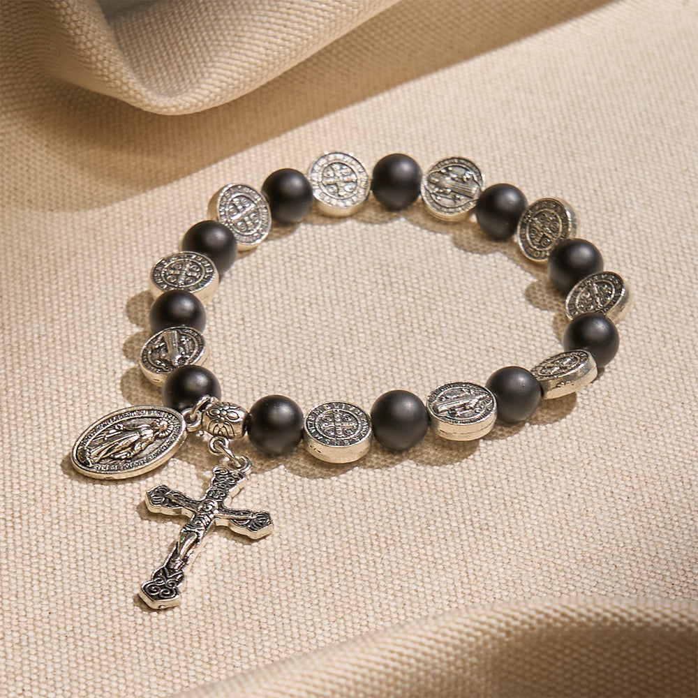 Christianartworkshop Natural Black Agate Bracelet with St. Benedict Medal and Virgin Mary Pendant: Divine Faith Artistry - image 2