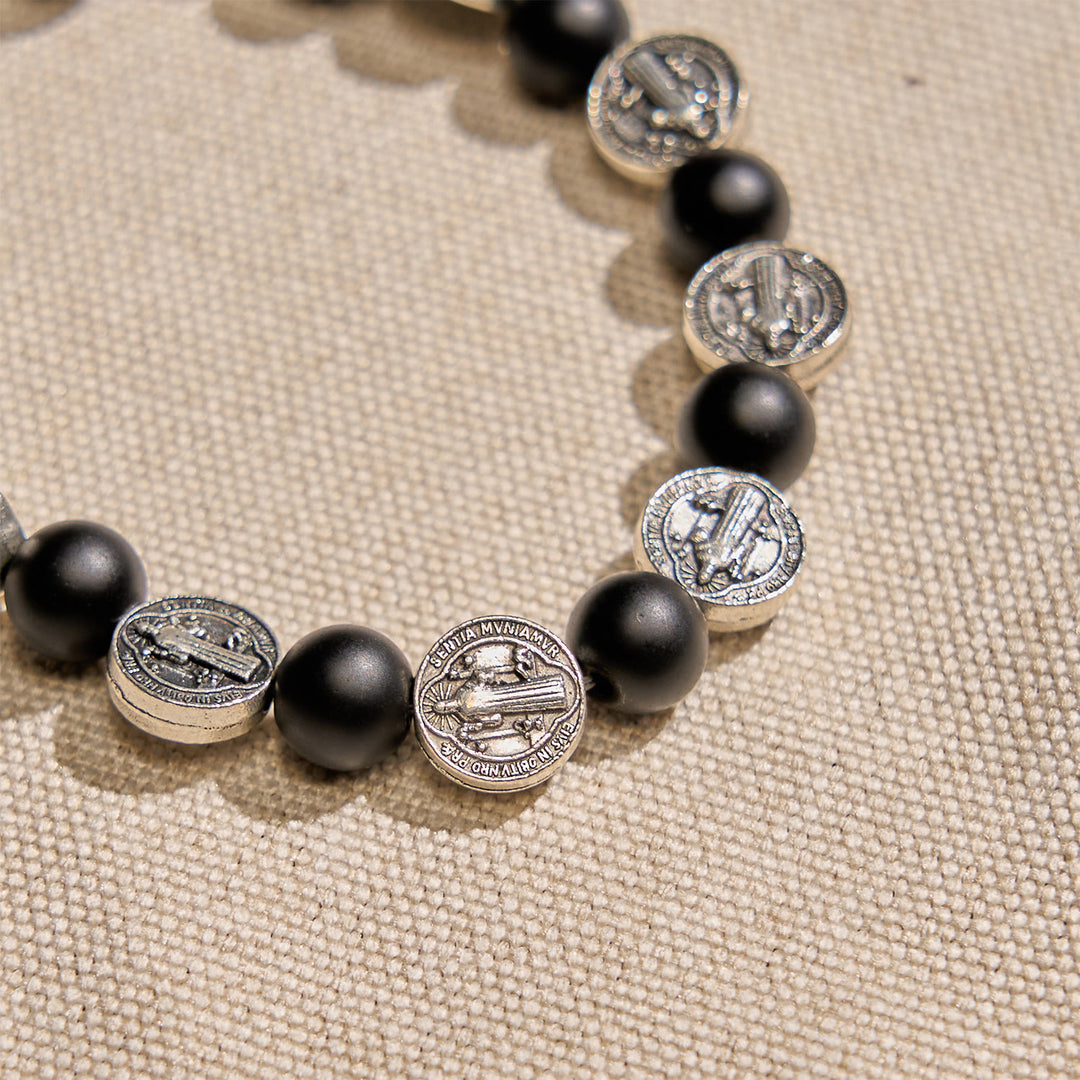 Christianartworkshop Natural Black Agate Bracelet with St. Benedict Medal and Virgin Mary Pendant: Divine Faith Artistry - image 6
