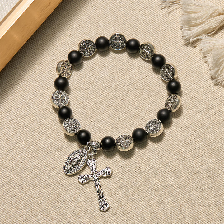 Christianartworkshop Natural Black Agate Bracelet with St. Benedict Medal and Virgin Mary Pendant: Divine Faith Artistry - Black Agate - image 1