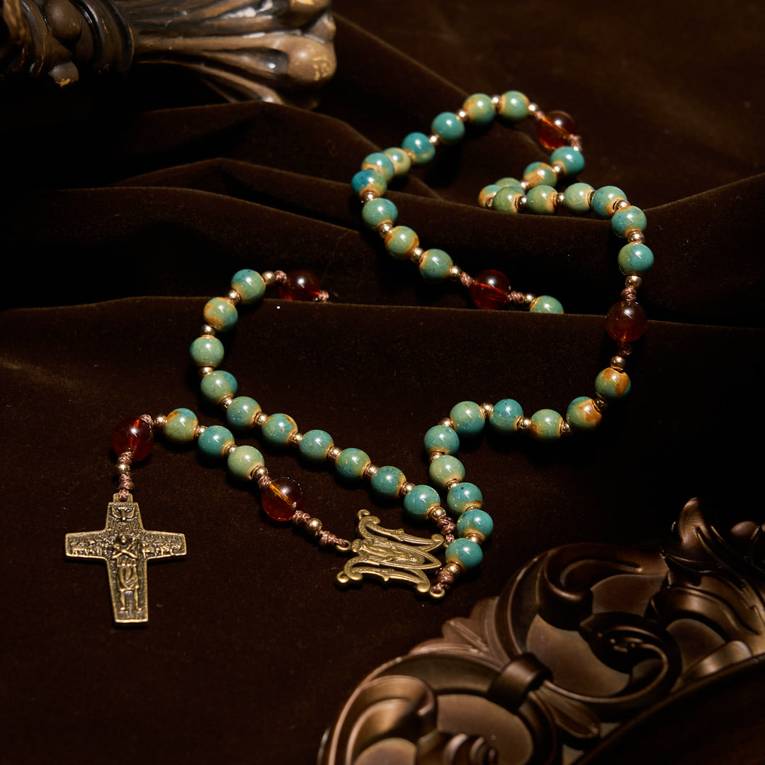 Christianartworkshop Handcrafted Green Ceramic Rosary with Miraculous Medal and Amber Beads: Feel Graceful Faith - image 5