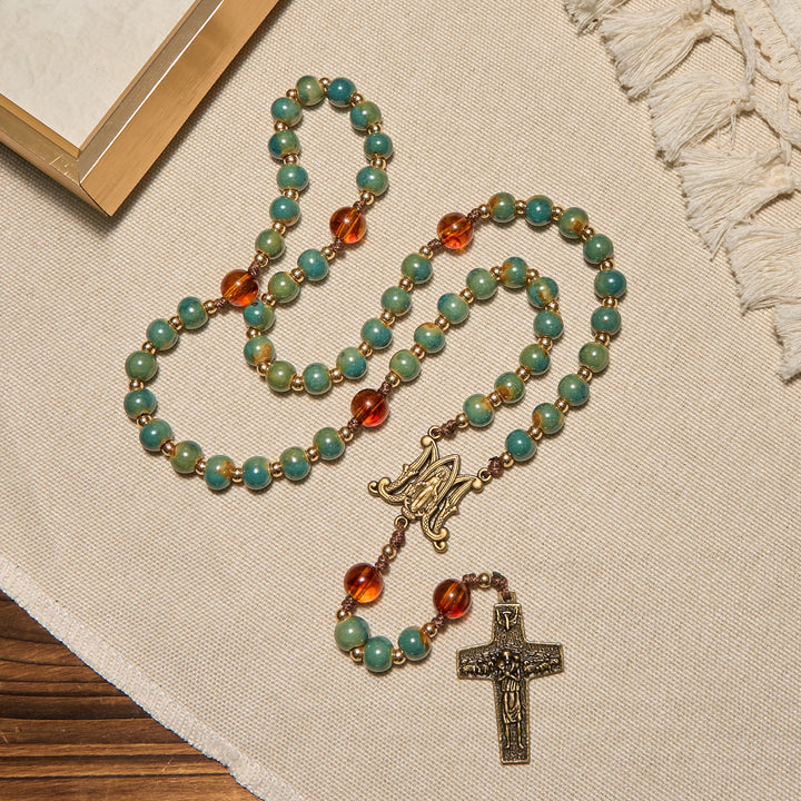 Christianartworkshop Handcrafted Green Ceramic Rosary with Miraculous Medal and Amber Beads: Feel Graceful Faith - image 2