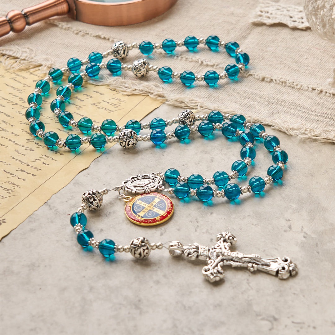 Christianartworkshop Handmade Crucifix Clear Blue Glass Rosary with Enameled St. Benedict & Miraculous Medal - image 4