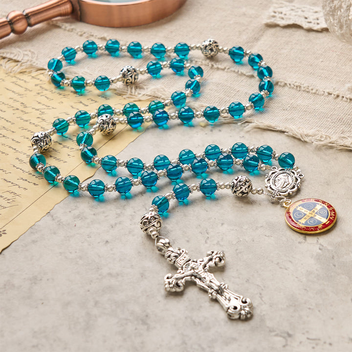 Christianartworkshop Handmade Crucifix Clear Blue Glass Rosary with Enameled St. Benedict & Miraculous Medal - image 3