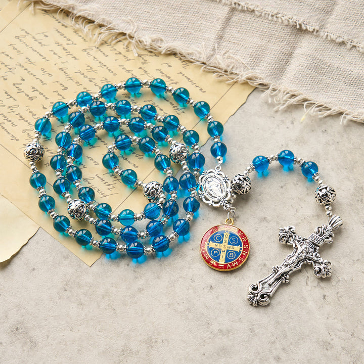 Christianartworkshop Handmade Crucifix Clear Blue Glass Rosary with Enameled St. Benedict & Miraculous Medal - Blue - image 1
