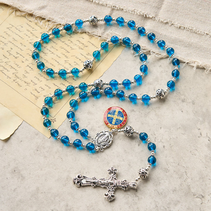 Christianartworkshop Handmade Crucifix Clear Blue Glass Rosary with Enameled St. Benedict & Miraculous Medal - image 2