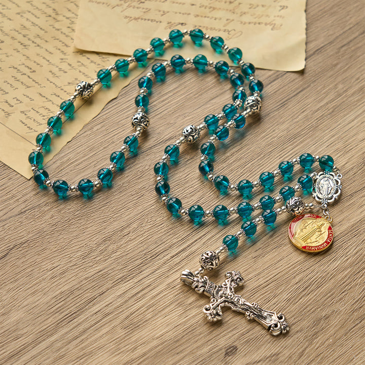 Christianartworkshop Handmade Crucifix Clear Blue Glass Rosary with Enameled St. Benedict & Miraculous Medal - image 8