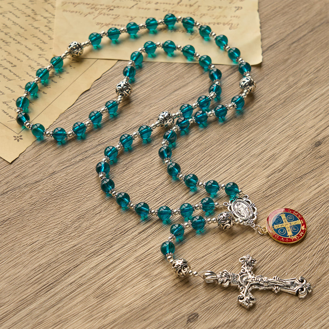 Christianartworkshop Handmade Crucifix Clear Blue Glass Rosary with Enameled St. Benedict & Miraculous Medal - image 7