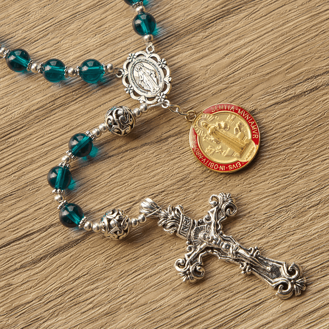 Christianartworkshop Handmade Crucifix Clear Blue Glass Rosary with Enameled St. Benedict & Miraculous Medal - image 9