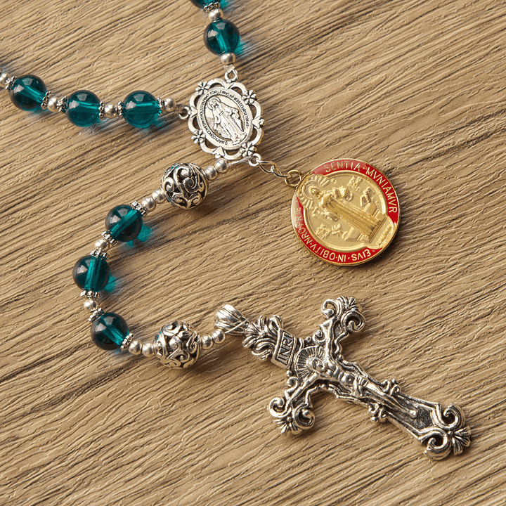 Christianartworkshop Handmade Crucifix Clear Blue Glass Rosary with Enameled St. Benedict & Miraculous Medal - image 9