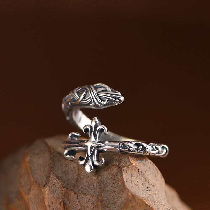 Christianartworkshop Retro 925 Silver Cross Ring with Delicate Vine Engravings: Pure Expression of Faith - image 1