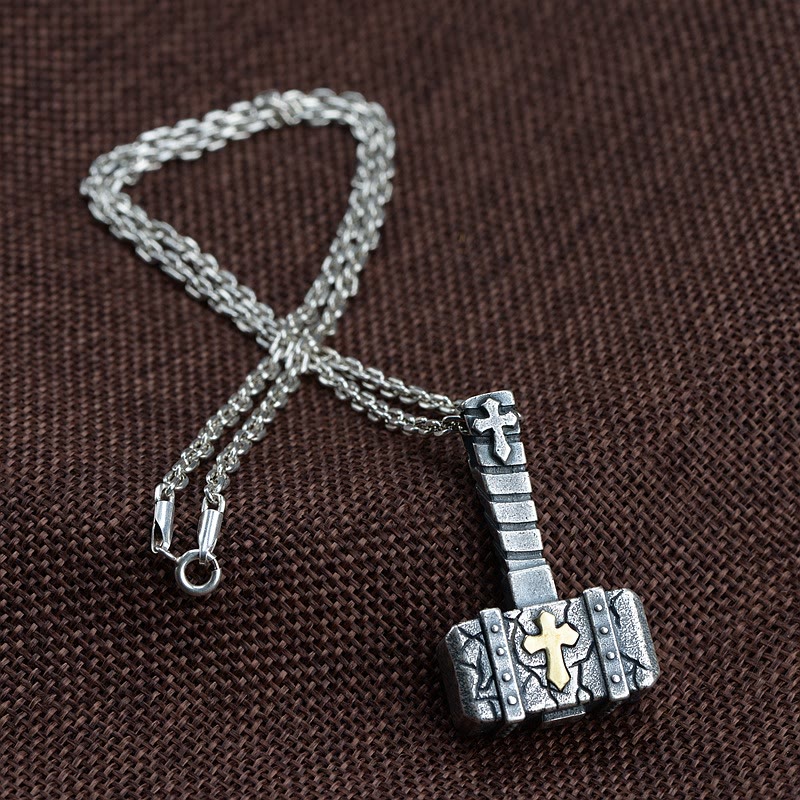Christianartworkshop Sacred 925 Silver Hammer Cross Necklace: Rugged Faith Symbol with Retro Edge - Sterling Silver - image 0