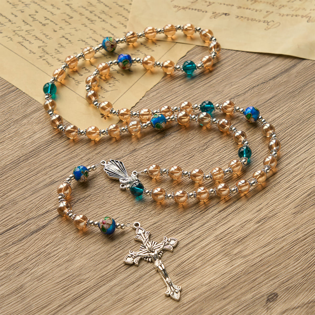 Christianartworkshop Amber & Cloisonné Beads Rosary with Silver Divine Mercy & Crucifix: Embrace Blessed Solace - Amber & Cloisonné - image 1