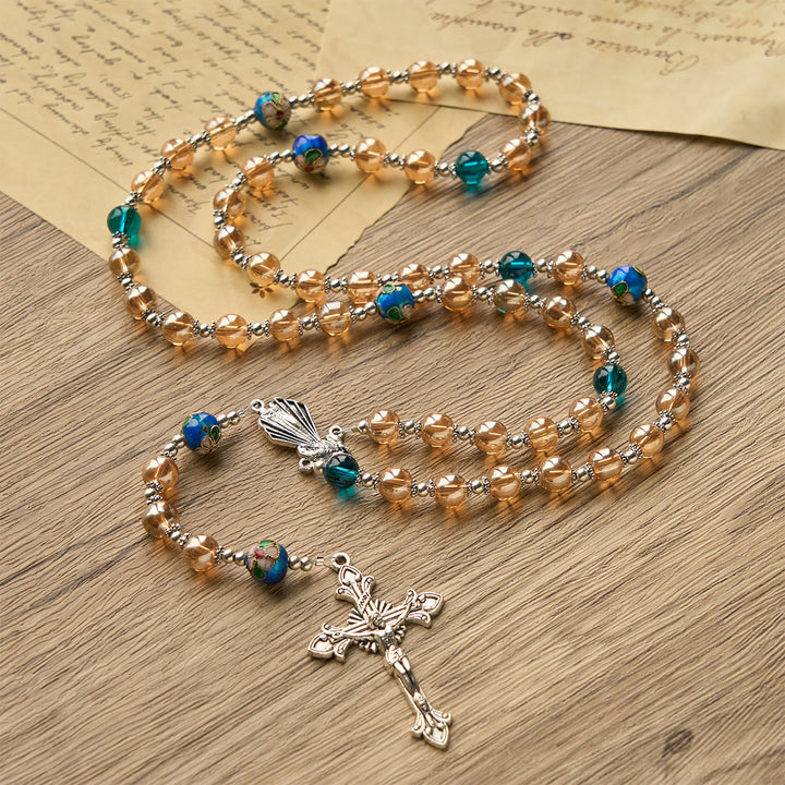 Christianartworkshop Amber & Cloisonné Beads Rosary with Silver Divine Mercy & Crucifix: Embrace Blessed Solace - Amber & Cloisonné - image 1