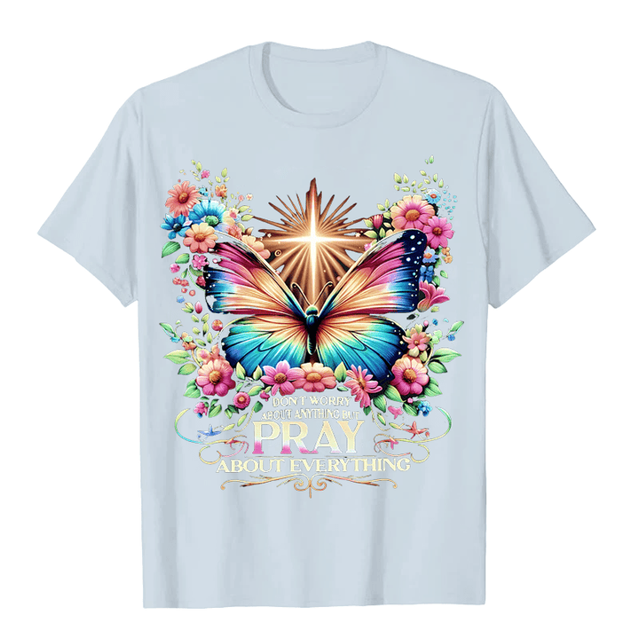 Christianartworkshop Faith-Inspired Butterfly and Cross Pray About Everything Unisex T-shirt - Light Blue - 2XL - image 0
