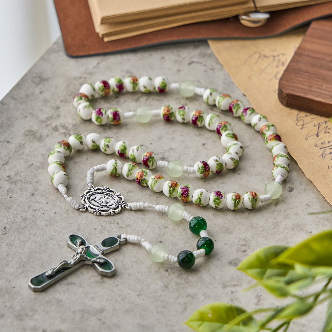 Christianartworkshop Handmade Floral Rose Beads Rosary with Miraculous Medal & Green Enamel Crucifix
