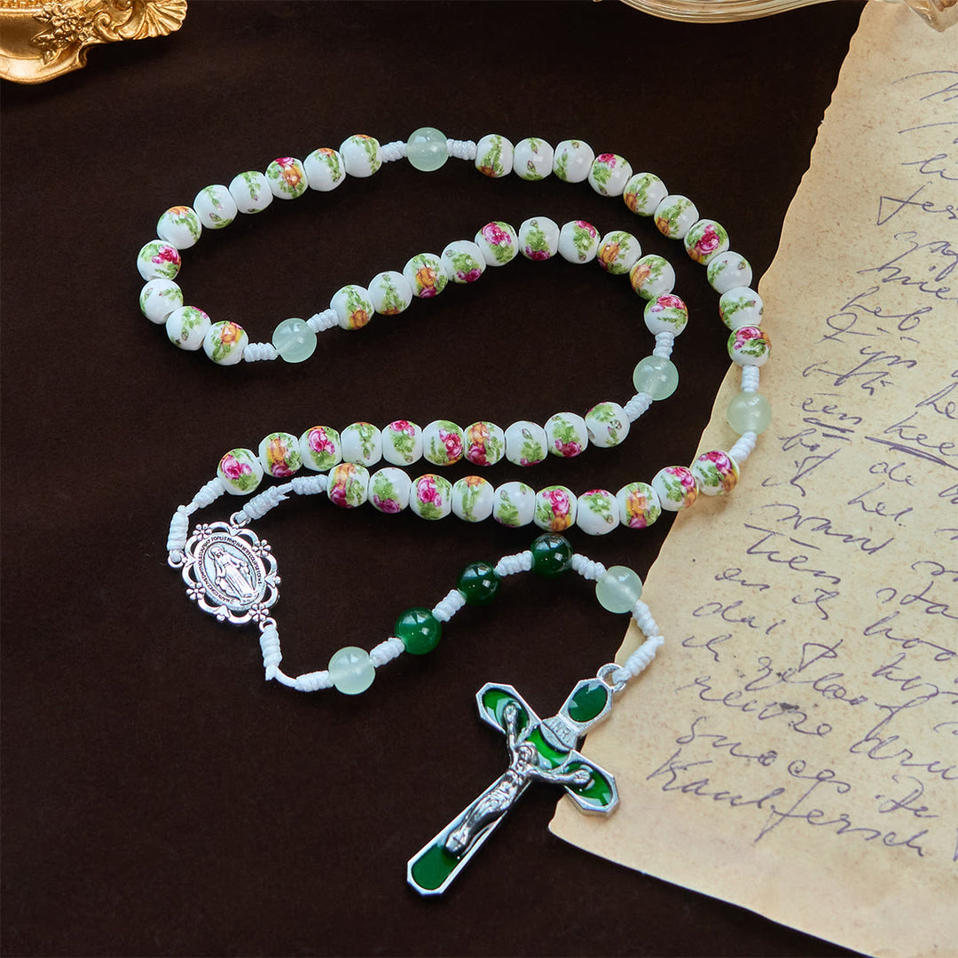 Christianartworkshop Handmade Floral Rose Beads Rosary with Miraculous Medal & Green Enamel Crucifix