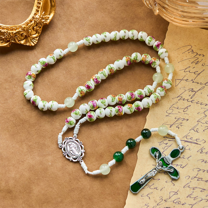 Christianartworkshop Handmade Floral Rose Beads Rosary with Miraculous Medal & Green Enamel Crucifix